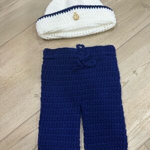 Navy and White Kids Crochet Hat and Pants Set